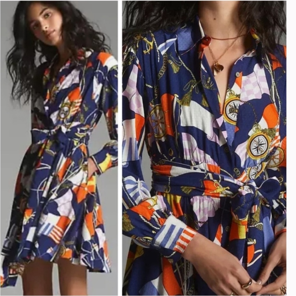Anthropologie Maeve L Nautical Print Navy Multicolor Colorful  Mini Shirt Dress - Picture 11 of 11